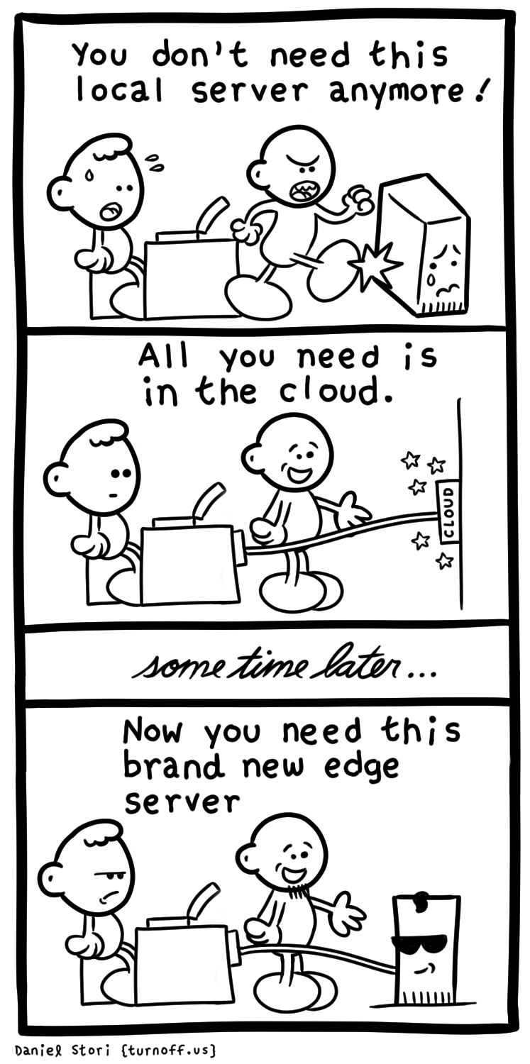 Death and ressurection of the client-server architecture. Credits: Daniel Stori, site Turnoff.us (https://turnoff.us/geek/edge/). By the way, my edge service is an old Mini PC that used to be a NAS.