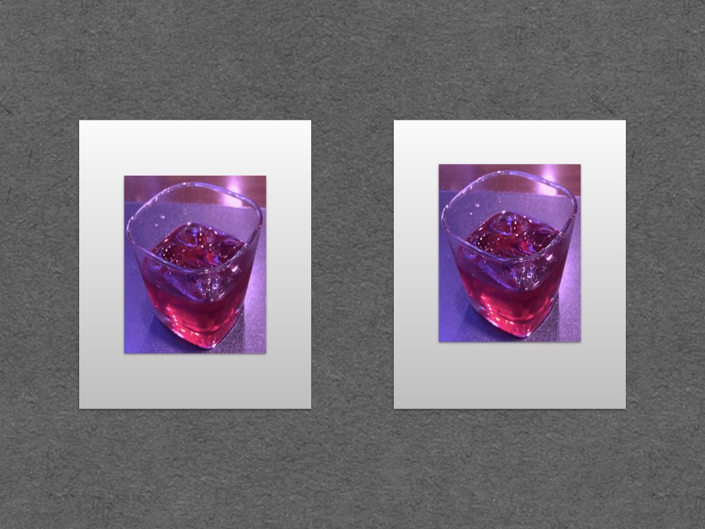 Figura 7: A mesma fotografia posicionada de duas formas numa moldura; centro geométrico à esquerda, centro visual à direita.