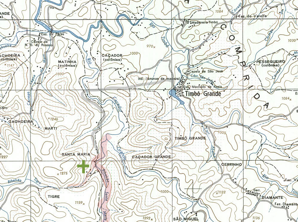 Figura 10: Mapa da região. Estrada nova (aproximada) anotada em cinza, vale do Santa Maria anotado em vermelho, e provável local do Quadro Santo marcado com a cruz verde.