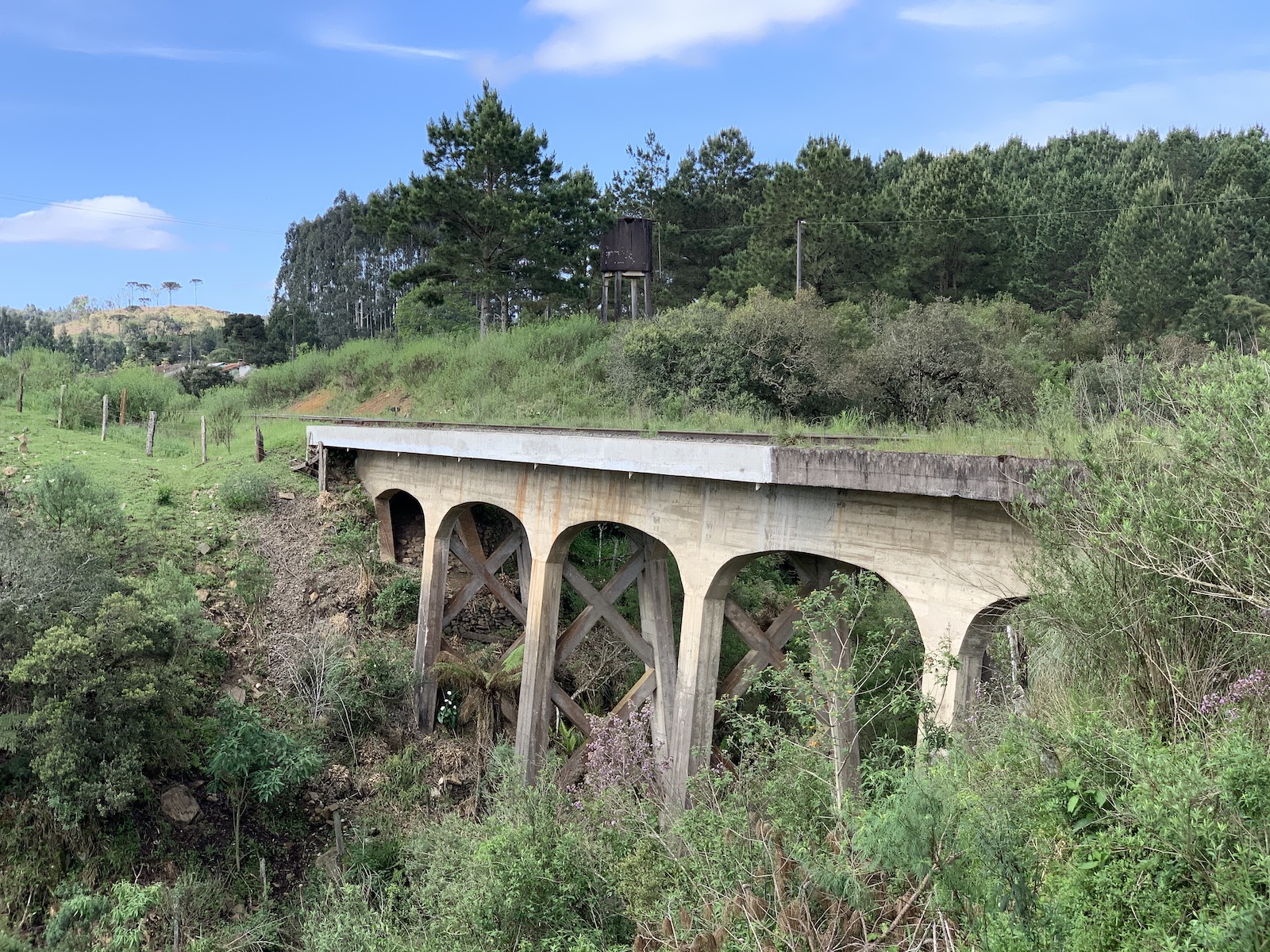 Figura 15: Ponte ferroviária sobre o rio Timbó, próximo da estação Coronel Buarque e da BR-116, ferrovia Tronco Principal Sul. A nascente do rio está a 3km ou menos.