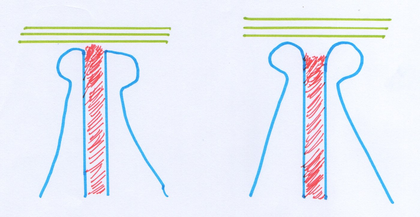 Figura 9: A pena da direita tem o defeito denominado "bunda de bebê" (baby's bottom)