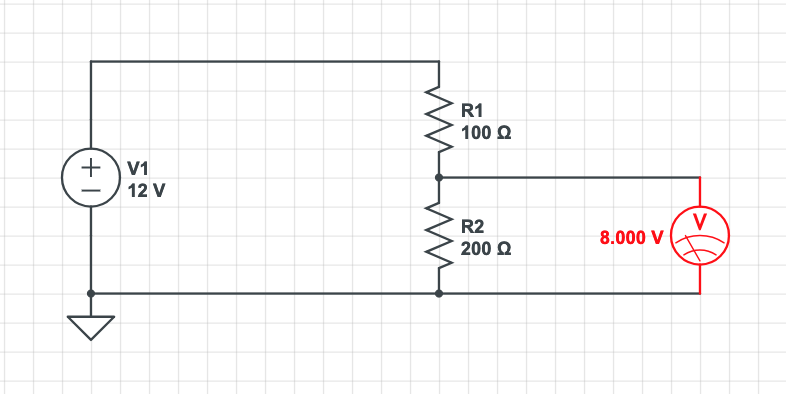 Figura 2: Divisor de tensão formado por dois resistores. A tensão de 8V entre os terminais do resistor R2 pode ser usada para alimentar um circuito de baixo consumo.