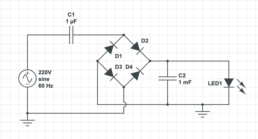 Figure 16: Feeding a 2V LED from 220V grid, no transformer.