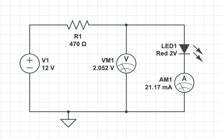 Figure 4: Red LED connected to 12V. The resistor is calculated to generate 10V when crossed by 20mA, which is the cruise current for this type of LED.