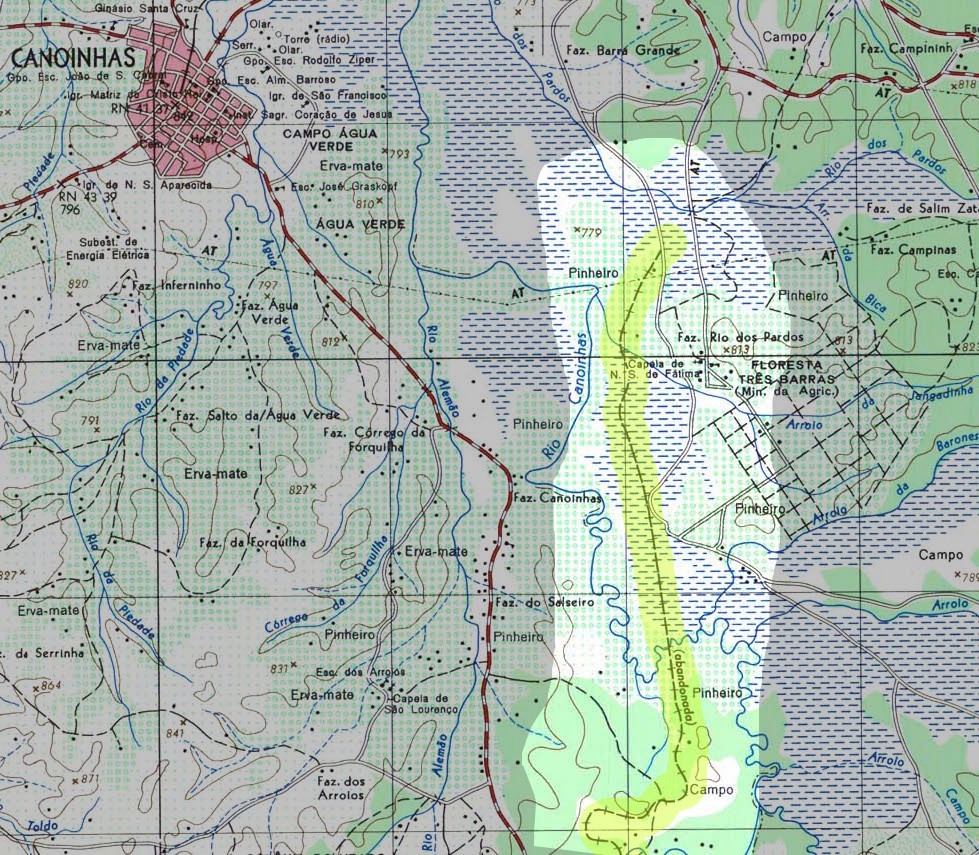 Figura 1: Mapa indicando a antiga ferrovia particular da Lumber, entre Canoinhas e Major Vieira/SC