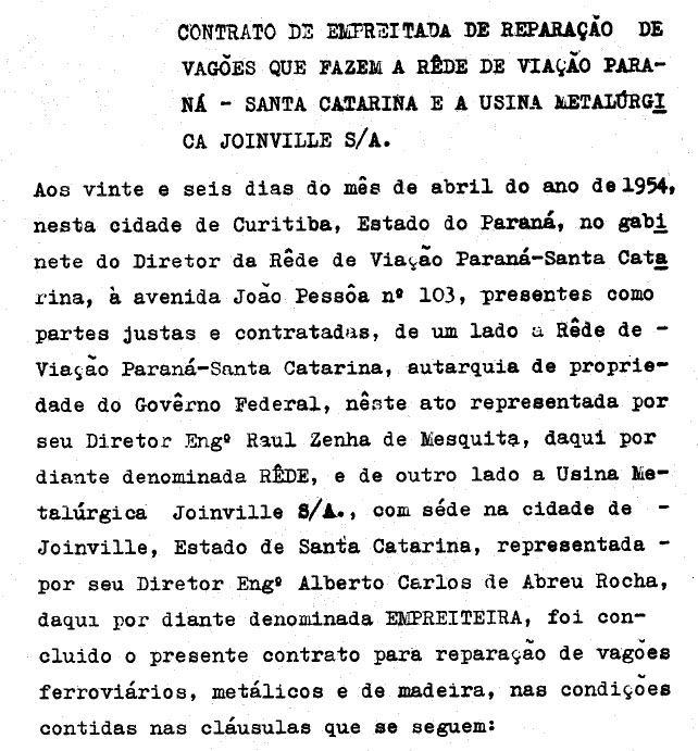 Figura 6: Menção à contratação da Metalúrgica Joinville para construção e reparação de vagões. Fonte: Relatório da RVPSC apresentado ao seu Ministério em 1956.