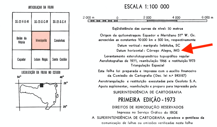 Figura 16: Detalhe de uma carta topográfica do IBGE. Datum da carta Irineópolis 1:100.000.