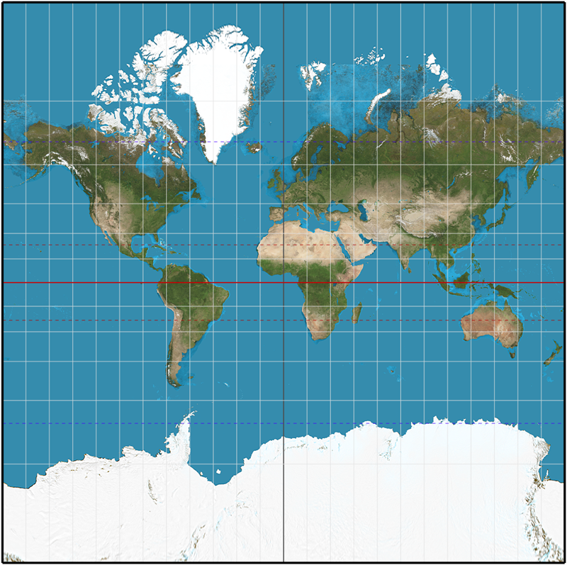 Figura 3: Mapa-mundi segundo a projeção de Mercator.