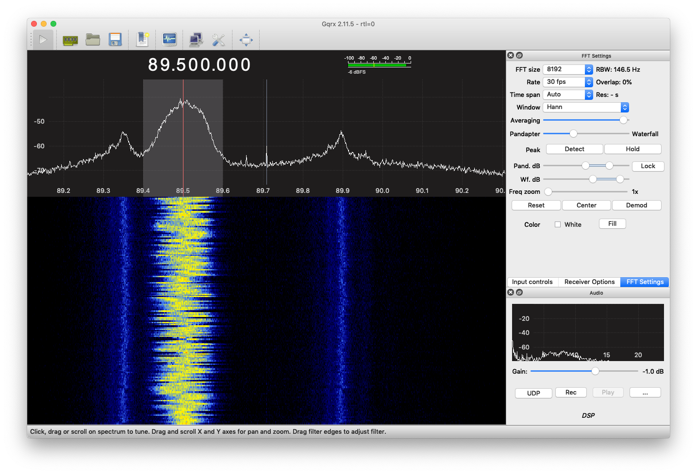 Figure 1: Listening to FM radio using an RTL-SDR dongle and GQRX app